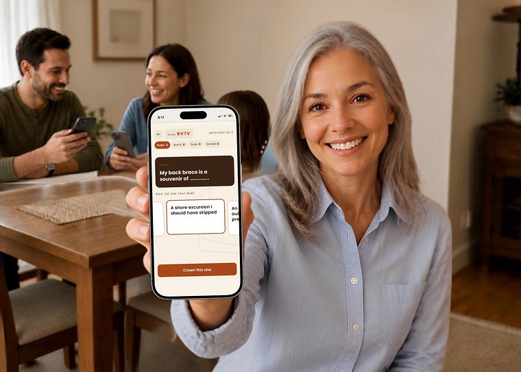 A woman holding up a phone showing a Cards Out Loud Boomer round, with family playing at the dining table behind her.