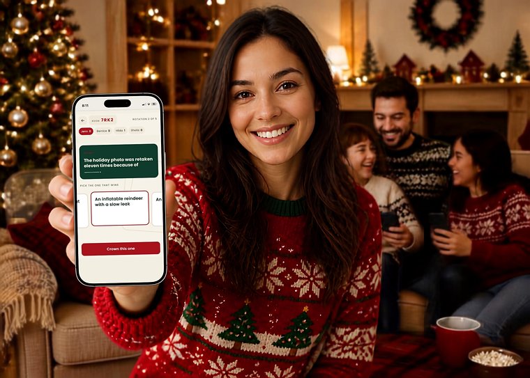 A woman in a Christmas sweater holding up a phone showing a Cards Out Loud Christmas round, with family laughing by the fire behind her.