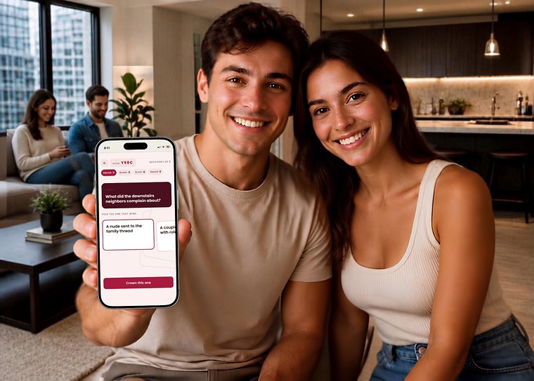 A couple holding up a phone showing a Cards Out Loud Date Night round, with another couple playing in the background.