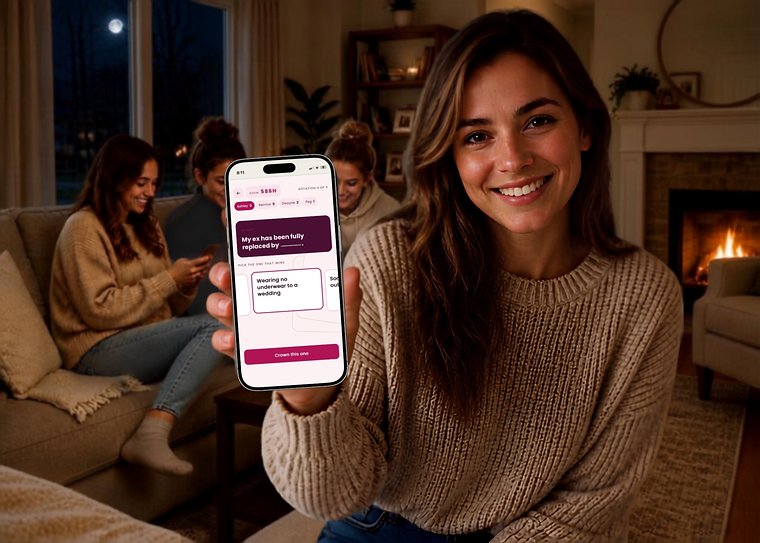 A woman holding up a phone showing a Cards Out Loud Girls Night round, with friends playing along on the couch behind her.