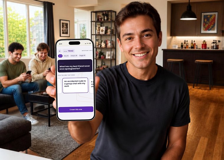 A man holding up a phone showing a Cards Out Loud Millennial round, with friends playing along behind him.