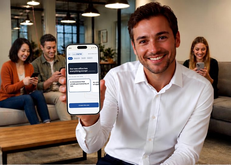 A man in a white shirt holding up a phone showing a Cards Out Loud Office Party round, with colleagues playing on a sofa behind him.