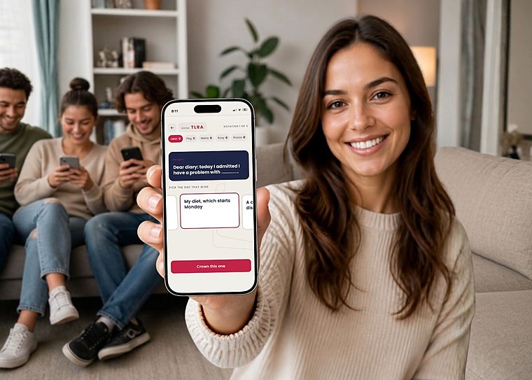 A woman holding up a phone showing a Cards Out Loud round, with three friends on the couch behind her playing along on their own phones.